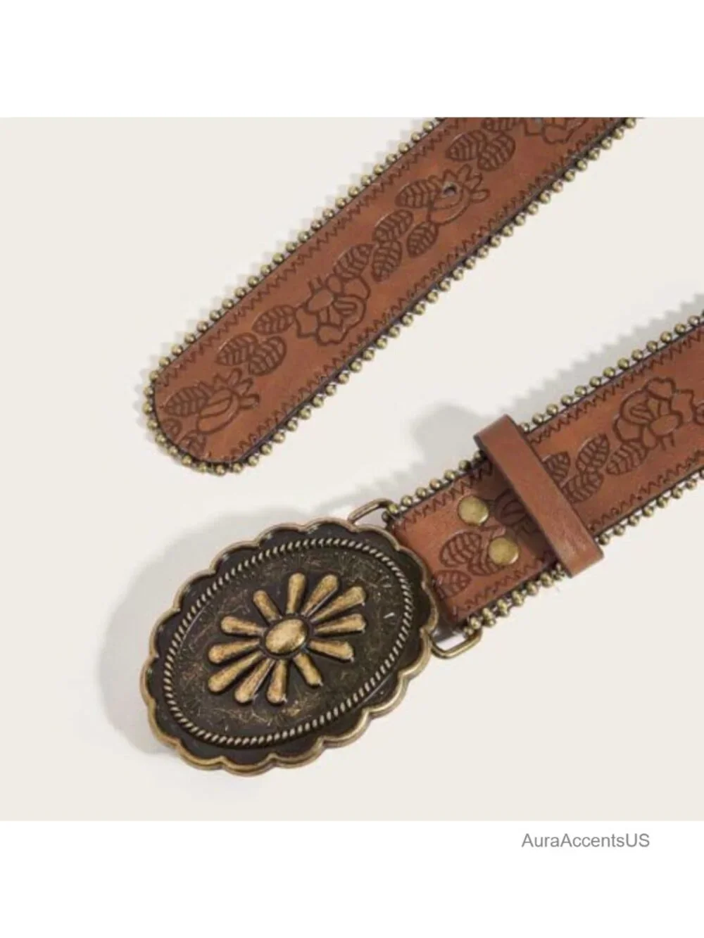 Faux Leather Western Belt with Embossed Floral Buckle